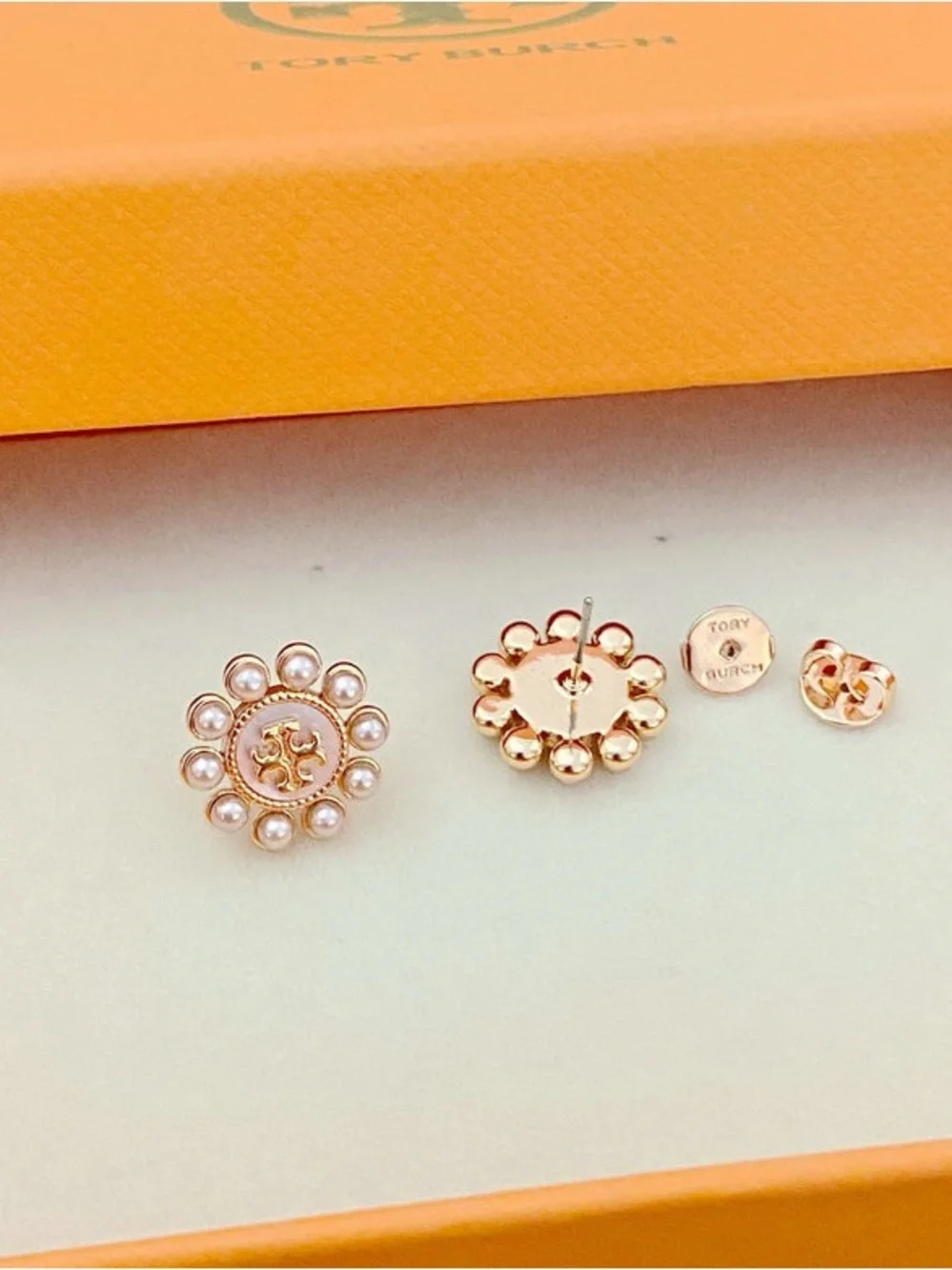 Tory Burch Gold-Tone Pink Pearl Cluster Logo Stud Earrings